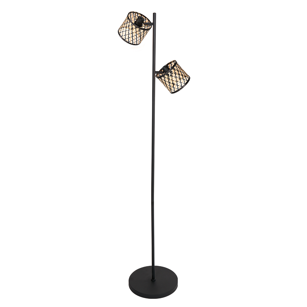 Zwarte vloerlamp met twee bamboekappen Mexlite Sumba